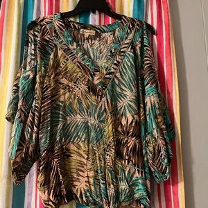 Democracy Green and Brown Leaf Print Blouse Open Slit Arms